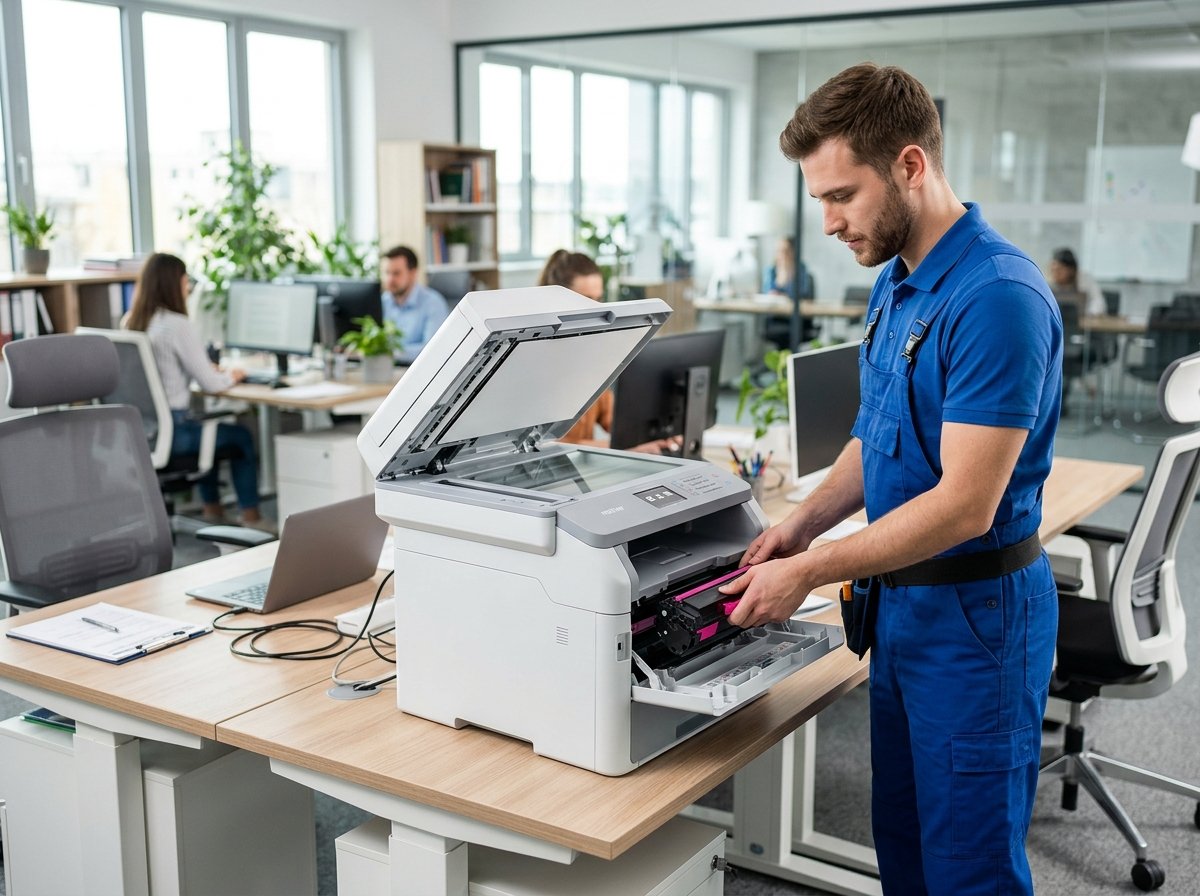 Enterprise printer service technician repairing multifunction printer - PrintCore IT Solutions